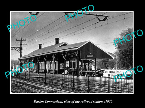 OLD LARGE HISTORIC PHOTO OF DARIEN CONNECTICUT, THE RAILROAD DEPOT c1950