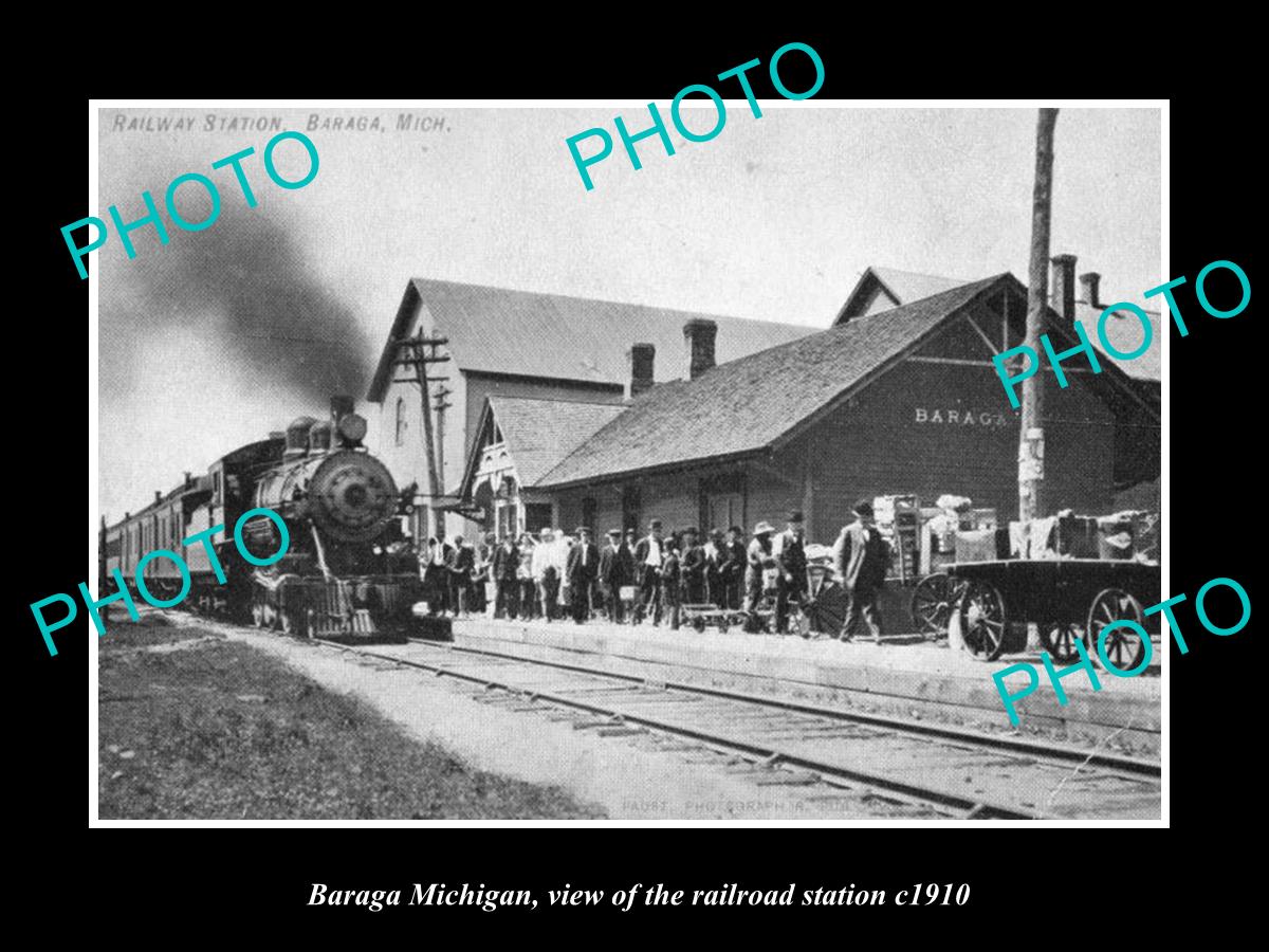 OLD LARGE HISTORIC PHOTO OF BARAGA MICHIGAN, THE RAILROAD DEPOT STATION c1910