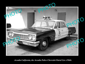 OLD LARGE HISTORIC PHOTO ARCADIA CALIFORNIA, CHEVROLET POLICE PATROL CAR c1960