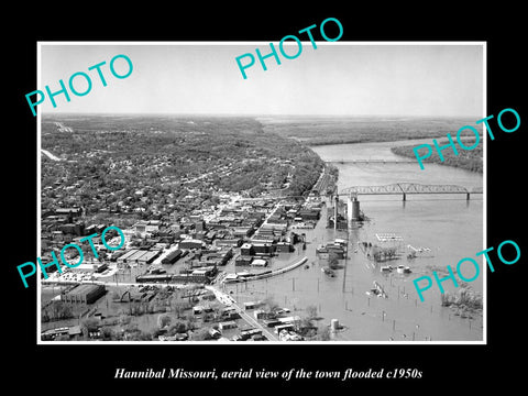 OLD LARGE HISTORIC PHOTO OF HANNIBAL MISSOURI, AERIAL VIEW OF TOWN IN FLOOD 1950