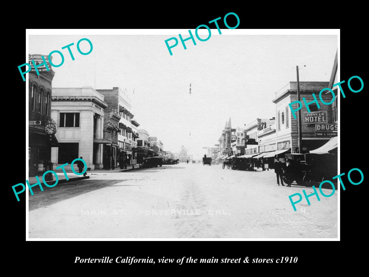 OLD LARGE HISTORIC PHOTO OF PORTERVILLE CALIFORNIA, THE MAIN ST & STORES c1910