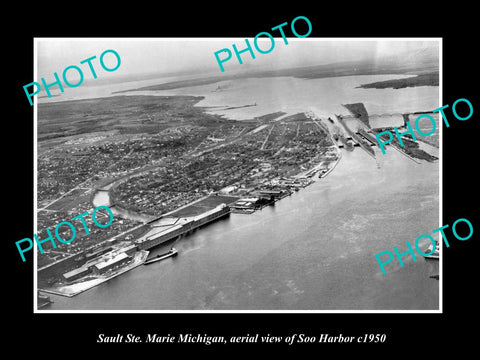 OLD HISTORIC PHOTO OF SAULT STE MARIE MICHIGAN, AERIAL VIEW OF SOO HARBOR c1950