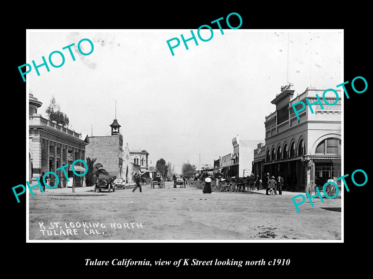 OLD LARGE HISTORIC PHOTO OF TULARE CALIFORNIA, VIEW OF K STREET & STORES c1910