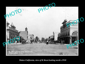 OLD LARGE HISTORIC PHOTO OF TULARE CALIFORNIA, VIEW OF K STREET & STORES c1910