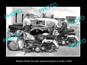 OLD LARGE HISTORIC PHOTO HIALEAH FLORIDA, THE POLICE PATROL CAR & BIKE c1950