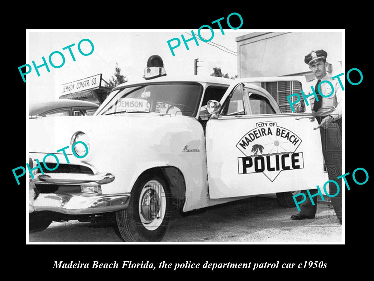 OLD LARGE HISTORIC PHOTO MADEIRA BEACH FLORIDA, THE POLICE PATROL CAR c1950