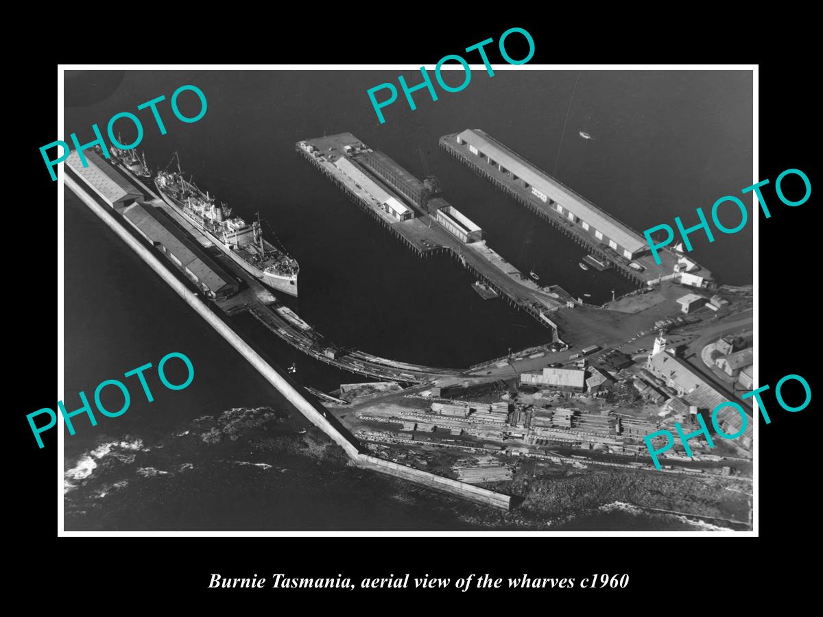 OLD LARGE HISTORIC PHOTO OF BURNIE TASMANIA, AERIAL VIEW OF THE  WHARVES c1960