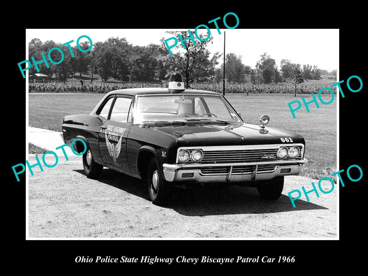 OLD LARGE HISTORIC PHOTO OF OHIO STATE POLICE PATROL CAR, CHEVROLET BISCANE 1966