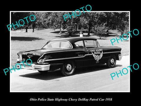 OLD LARGE HISTORIC PHOTO OF OHIO STATE POLICE PATROL CAR, CHEVROLET DELRAY 1958