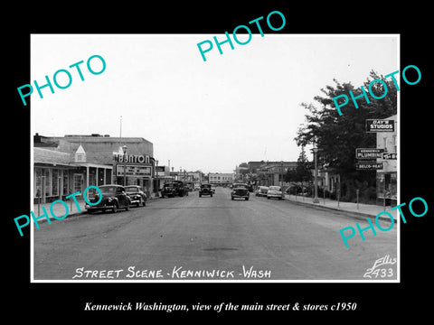 OLD LARGE HISTORIC PHOTO OF KENNEWICK WASHINGTON, THE MAIN St & STORES c1950