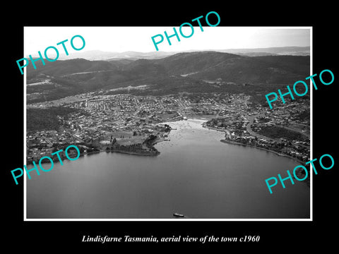 OLD LARGE HISTORIC PHOTO OF LINDISFARNE TASMANIA, AERIAL VIEW OF THE TOWN c1960