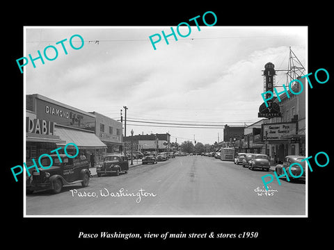 OLD LARGE HISTORIC PHOTO OF PASCO WASHINGTON, VIEW OF THE MAIN St & STORES c1950