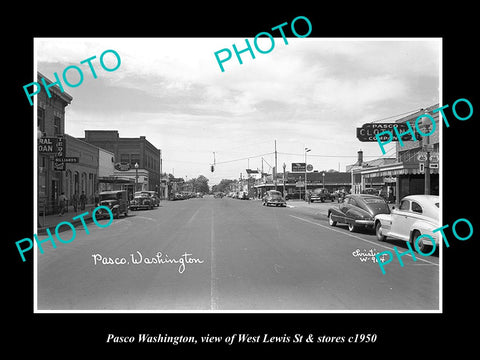 OLD LARGE HISTORIC PHOTO OF PASCO WASHINGTON, VIEW OF LEWIS St & STORES c1950