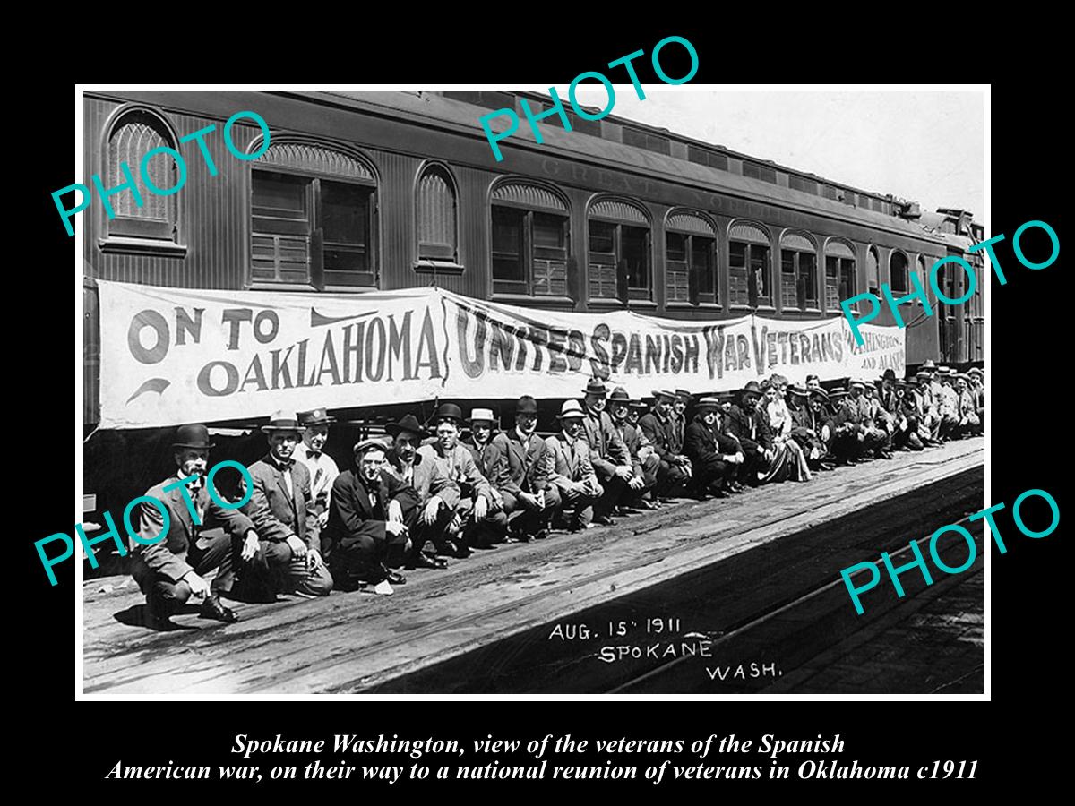 OLD LARGE HISTORIC PHOTO OF SPOKANE WASHINGTON, SPANISH AMERICAN WAR VETS c1911