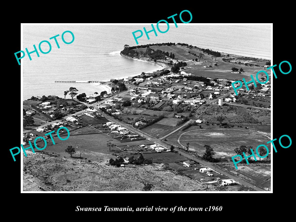 OLD LARGE HISTORIC PHOTO OF SWANSEA TASMANIA, AERIAL VIEW OF THE TOWN c1960