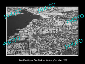 OLD LARGE HISTORIC PHOTO OF PORT WASHINGTON NEW YORK, AERIAL VIEW OF CITY c1945