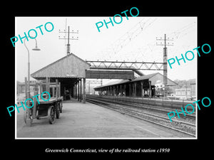 OLD LARGE HISTORIC PHOTO OF GREENWICH CONNECTICUT, THE RAILROAD STATION c1950