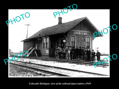 OLD LARGE HISTORIC PHOTO OF COHOCTAH MICHIGAN, THE RAILROAD DEPOT STATION c1910