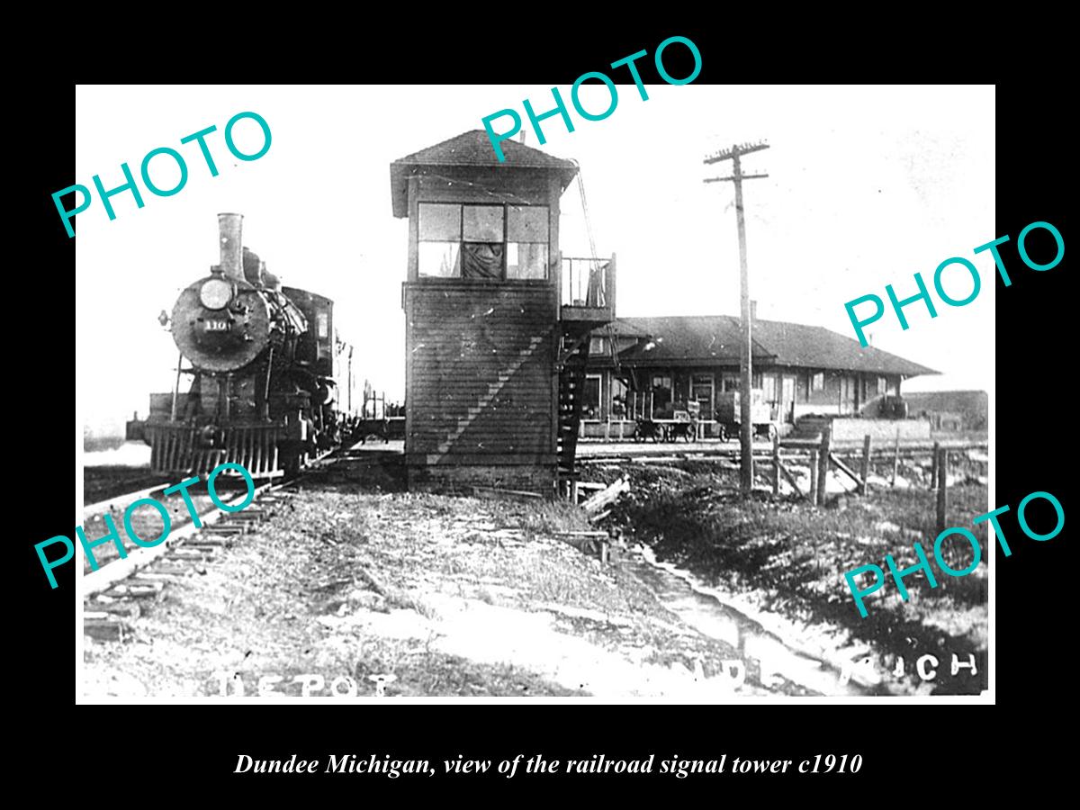 OLD LARGE HISTORIC PHOTO OF DUNDEE MICHIGAN, THE RAILROAD SIGNAL TOWER c1910