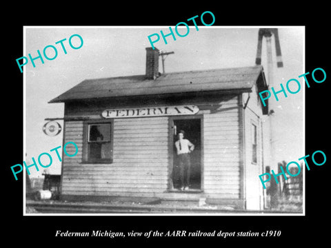 OLD LARGE HISTORIC PHOTO OF FEDERMAN MICHIGAN, THE RAILROAD DEPOT STATION c1910