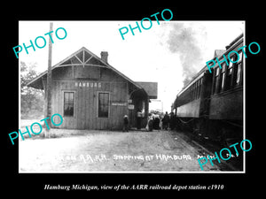 OLD LARGE HISTORIC PHOTO OF HAMBURG MICHIGAN, THE RAILROAD DEPOT STATION c1910