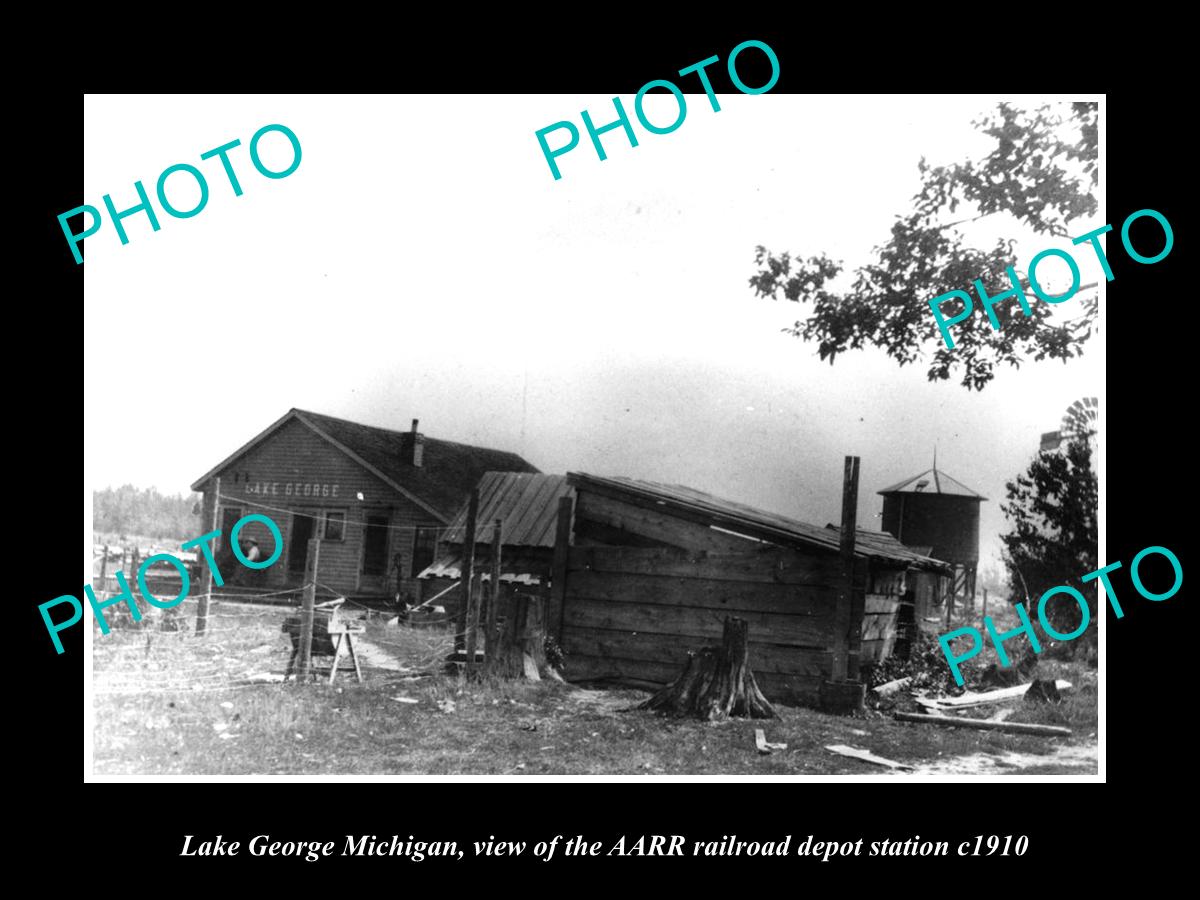 OLD LARGE HISTORIC PHOTO OF LAKE GEORGE MICHIGAN, RAILROAD DEPOT STATION c1910