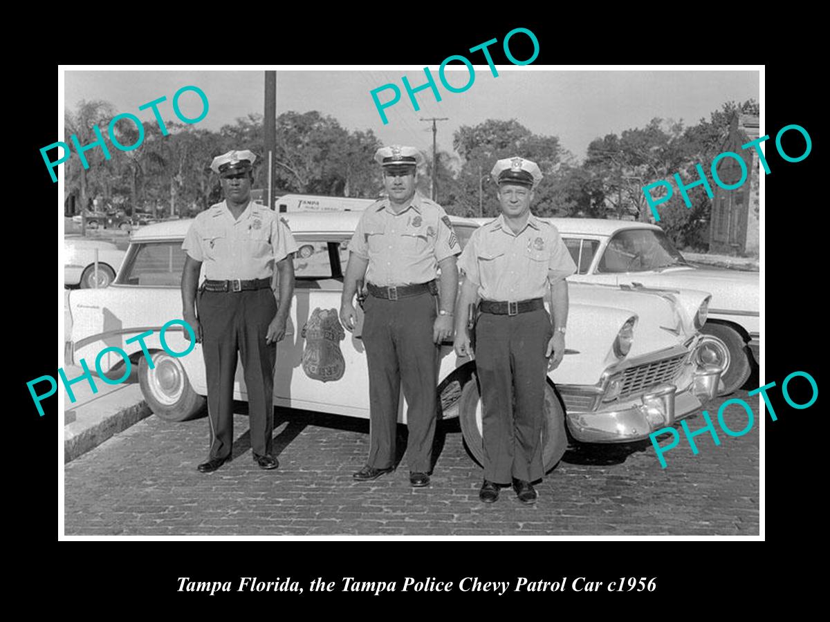 OLD LARGE HISTORIC PHOTO OF TAMPA FLORIDA, THE POLICE CHEVROLET PATROL CAR c1956