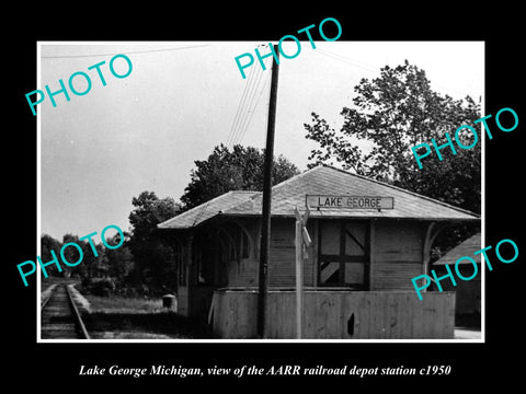 OLD LARGE HISTORIC PHOTO OF LAKE GEORGE MICHIGAN, RAILROAD DEPOT STATION c1950