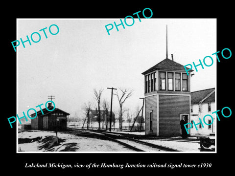 OLD LARGE HISTORIC PHOTO OF LAKELAND MICHIGAN, THE RAILROAD DEPOT TOWER c1930