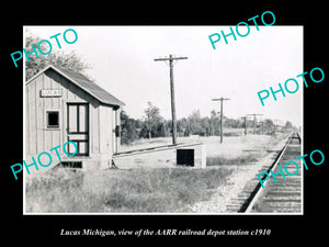 OLD LARGE HISTORIC PHOTO OF LUCAS MICHIGAN, THE RAILROAD DEPOT STATION c1910