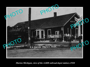 OLD LARGE HISTORIC PHOTO OF MARION MICHIGAN, THE RAILROAD DEPOT STATION c1920