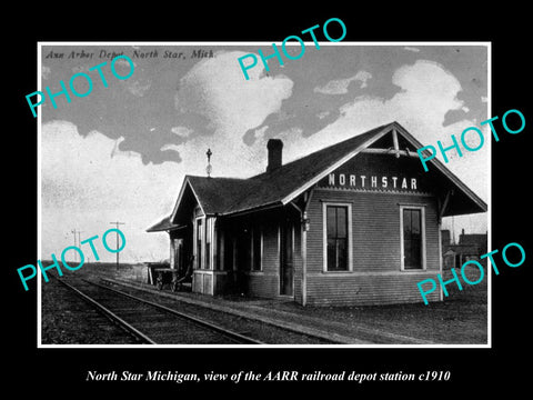 OLD LARGE HISTORIC PHOTO OF NORTH STAR MICHIGAN, THE RAILROAD DEPOT c1910