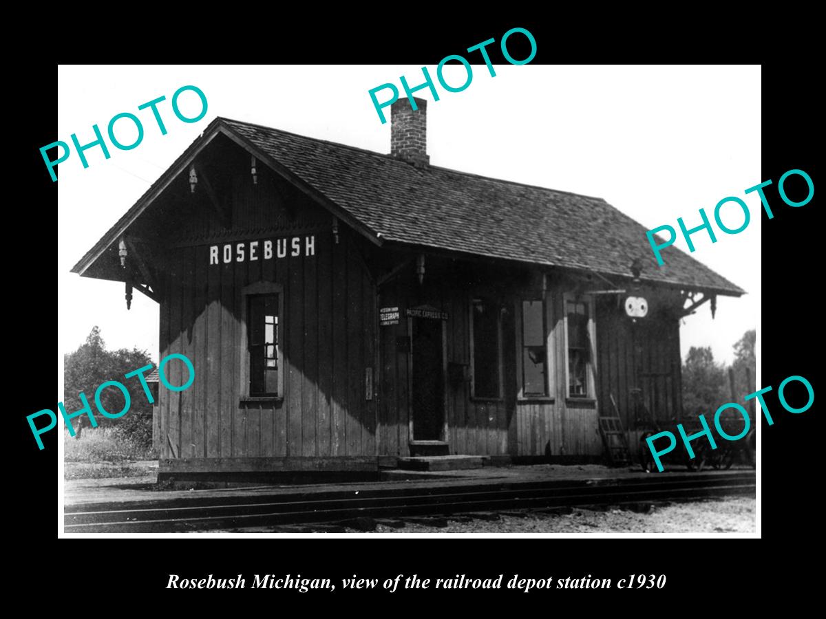 OLD LARGE HISTORIC PHOTO OF ROSEBUSH MICHIGAN, THE RAILROAD DEPOT STATION c1930