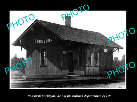 OLD LARGE HISTORIC PHOTO OF ROSEBUSH MICHIGAN, THE RAILROAD DEPOT STATION c1930