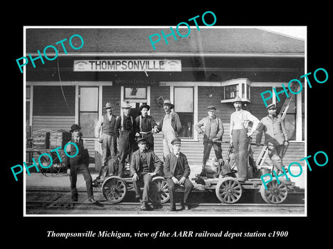 OLD LARGE HISTORIC PHOTO OF THOMPSONVILLE MICHIGAN, THE RAILROAD DEPOT c1900