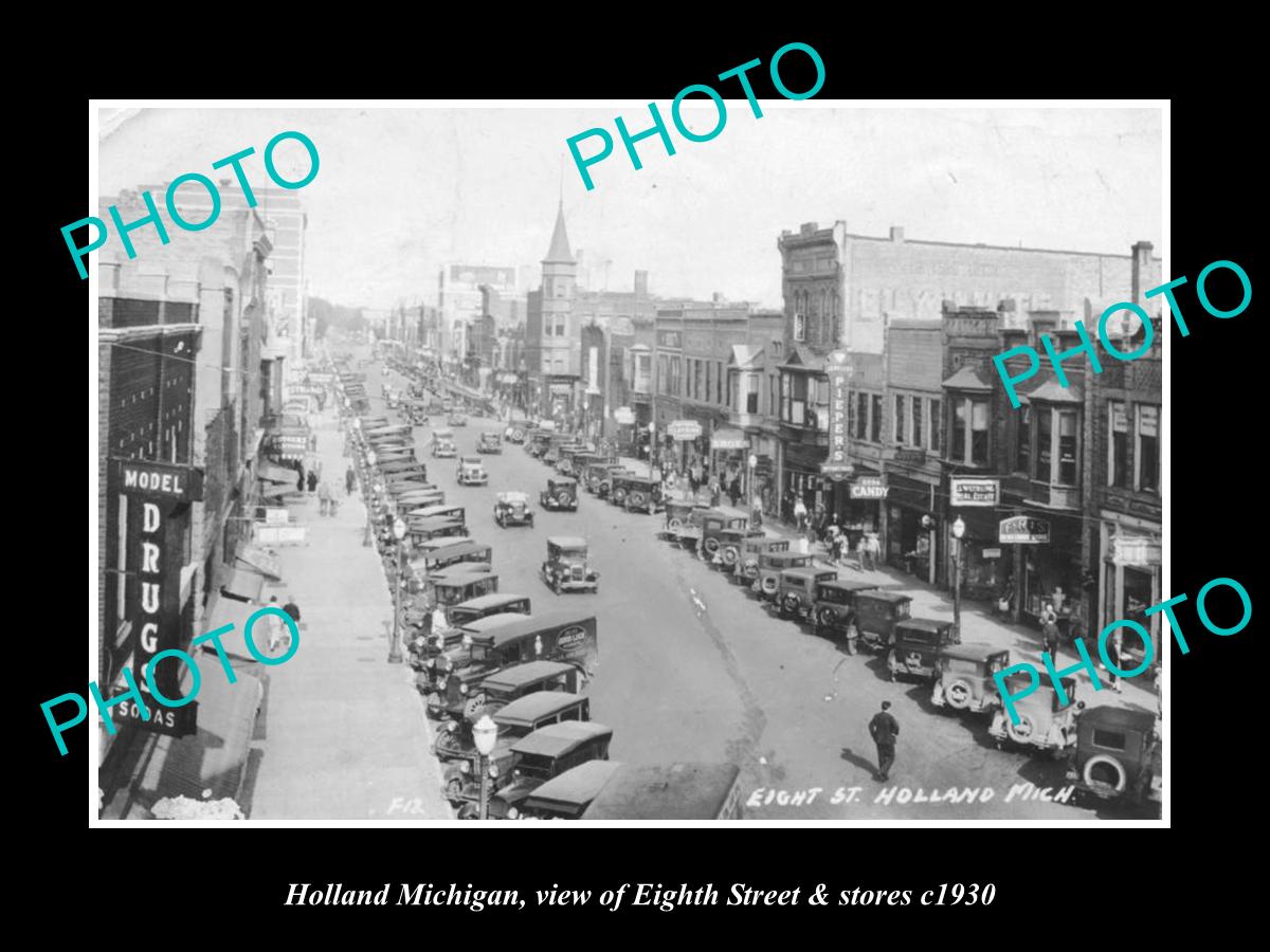 OLD LARGE HISTORIC PHOTO OF HOLLAND MICHIGAN, VIEW OF EIGHTH ST & STORES c1930