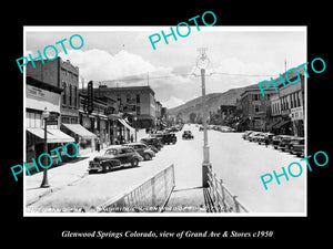 OLD LARGE HISTORIC PHOTO OF GLENWOOD SPRINGS COLORADO, GRAND Ave & STORES c1950