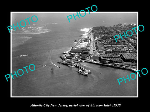 OLD LARGE HISTORIC PHOTO OF ATLANTIC CITY NEW JERSEY, AERIAL ABSECON INLET c1930