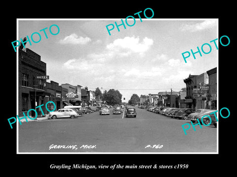 OLD LARGE HISTORIC PHOTO OF GRAYLING MICHIGAN, THE MAIN STREET & STORES c1950