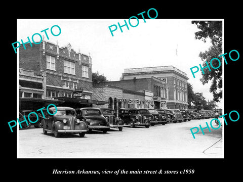 OLD LARGE HISTORIC PHOTO OF HARRISON ARKANSAS, THE MAIN STREET & STORES c1950