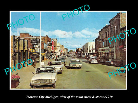 OLD LARGE HISTORIC PHOTO OF TRAVERSE CITY MICHIGAN, THE MAIN St & STORES c1970