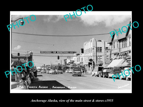 OLD LARGE HISTORIC PHOTO OF ANCHORAGE ALASKA, THE MAIN STREET & STORES c1955