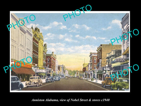 OLD LARGE HISTORIC PHOTO OF ANNISTON ALABAMA, VIEW OF NOBEL & STORES c1940