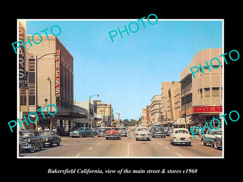 OLD LARGE HISTORIC PHOTO OF BAKERSFIELD CALIFORNIA, THE MAIN ST & STORES c1960