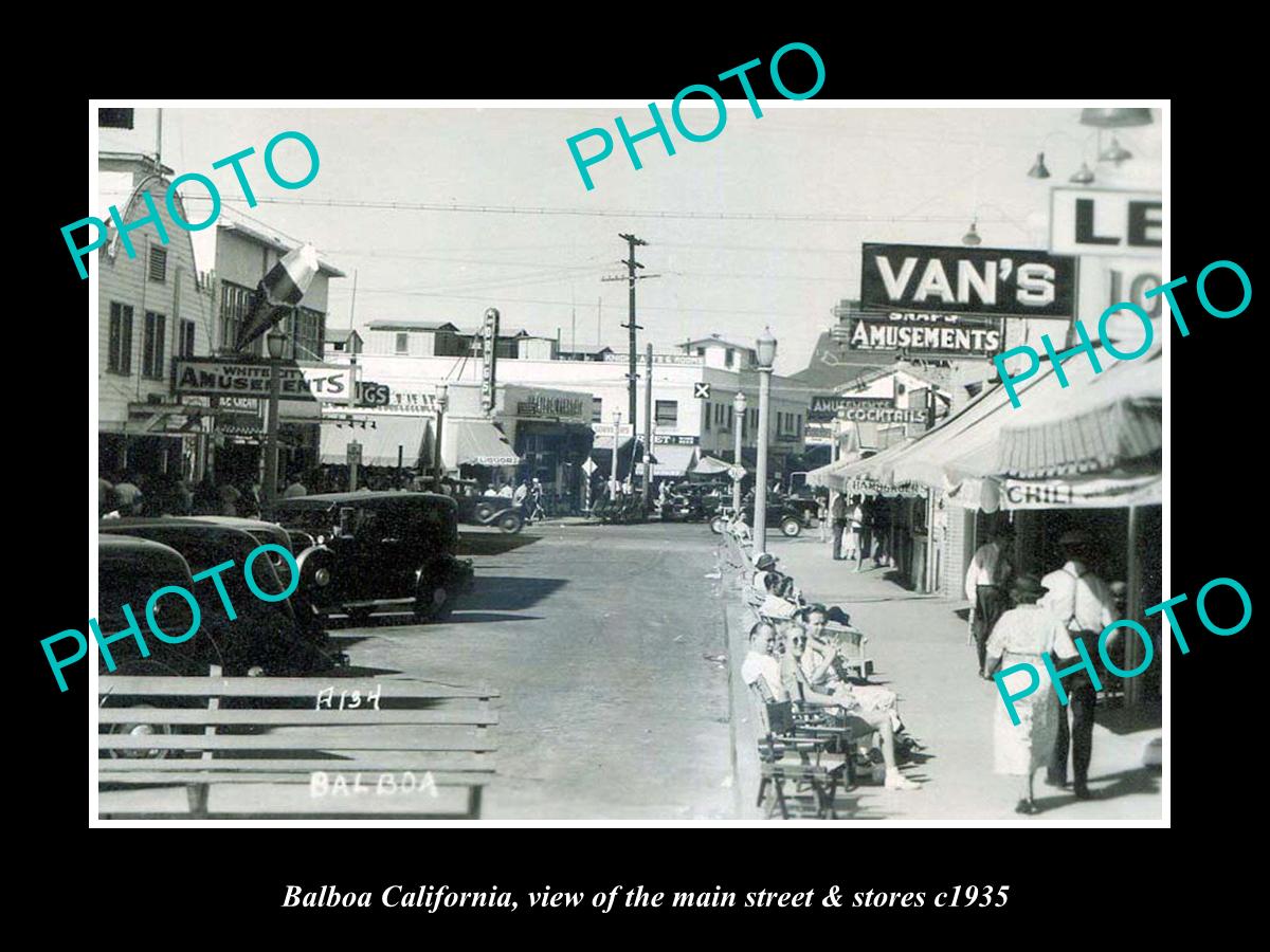 OLD LARGE HISTORIC PHOTO OF BALBOA CALIFORNIA, THE MAIN STREET & STORES c1935