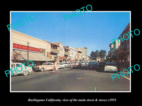 OLD LARGE HISTORIC PHOTO OF BURLINGAME CALIFORNIA, THE MAIN STREET & STORES 1955