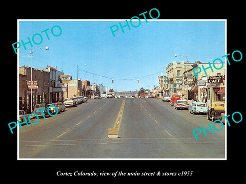 OLD LARGE HISTORIC PHOTO OF CORTEZ COLORADO, THE MAIN STREET & STORES c1955