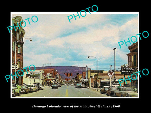 OLD LARGE HISTORIC PHOTO OF DURANGO COLORADO, THE MAIN STREET & STORES c1960