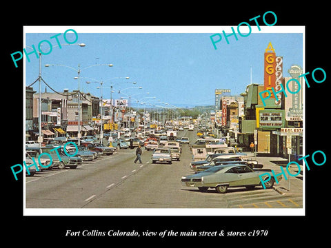 OLD LARGE HISTORIC PHOTO OF FORT COLLINS COLORADO, THE MAIN ST & STORES c1970