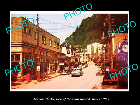 OLD LARGE HISTORIC PHOTO OF JUNEAU ALASKA, THE MAIN STREET & STORES c1955